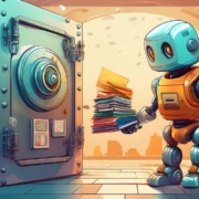 A stylized illustration of a cheerful robot holding a stack of colorful folders in front of a large, open vault door. The robot has a blue and orange metallic body with glowing eyes. The scene is set in a futuristic archive with warm lighting and stacks of documents in the background, suggesting secure storage or organization.