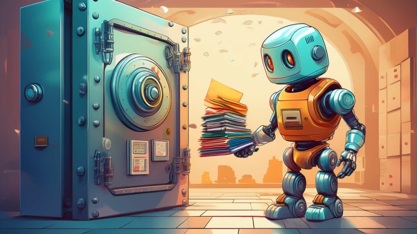 A stylized illustration of a cheerful robot holding a stack of colorful folders in front of a large, open vault door. The robot has a blue and orange metallic body with glowing eyes. The scene is set in a futuristic archive with warm lighting and stacks of documents in the background, suggesting secure storage or organization.