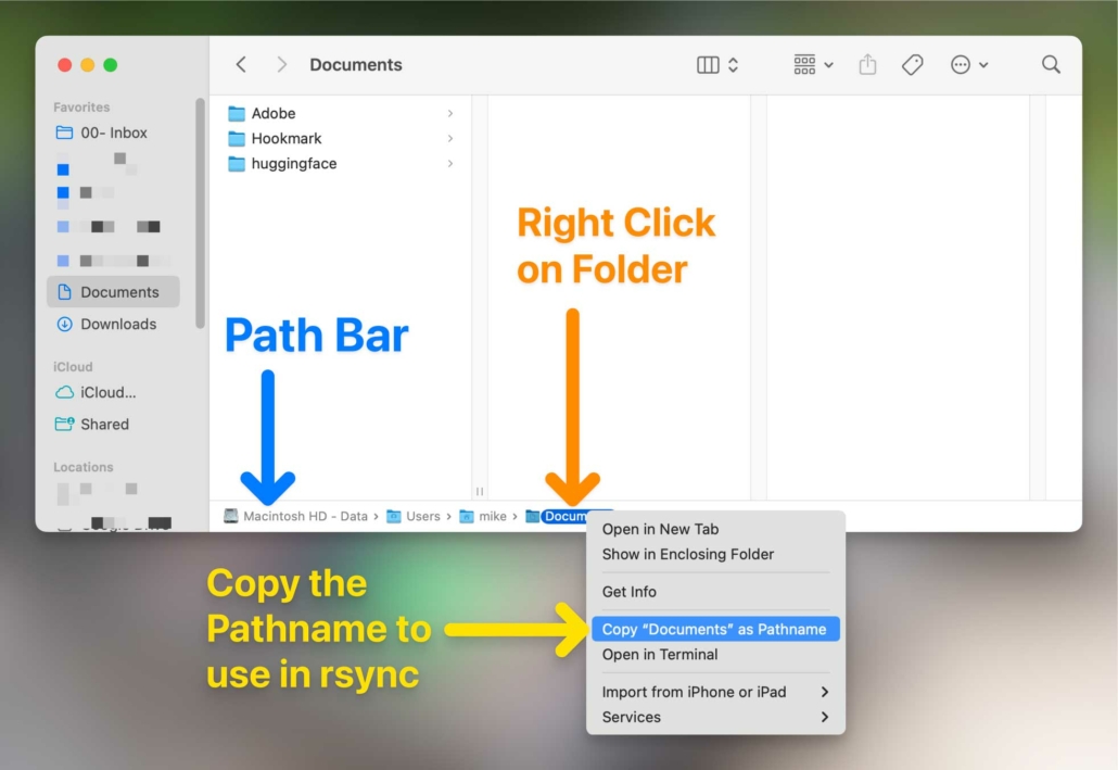 A screenshot of a Mac Finder window showing the "Documents" folder. The path bar at the bottom is highlighted in blue text labeled "Path Bar." An orange arrow and text point to a right-click menu on the "Documents" folder, highlighting the "Copy 'Documents' as Pathname" option. Yellow text reads, "Copy the Pathname to use in rsync."