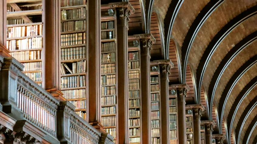 A grand library interior with tall, ornate wooden bookshelves filled with neatly arranged books. The shelves are framed by decorative columns, and the ceiling features a series of curved wooden arches with metal accents, creating a symmetrical and majestic architectural design. Warm lighting enhances the richness of the wood and the historic ambiance of the space.