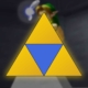 An edited image featuring Link from *The Legend of Zelda: Ocarina of Time* in the background, slightly blurred, standing in a dimly lit temple with his fairy companion, Navi. Overlaid in the foreground is the Triforce symbol, but with the central triangle replaced by a blue inverted triangle.