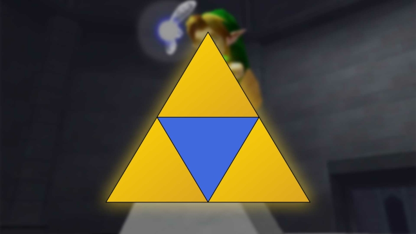 An edited image featuring Link from *The Legend of Zelda: Ocarina of Time* in the background, slightly blurred, standing in a dimly lit temple with his fairy companion, Navi. Overlaid in the foreground is the Triforce symbol, but with the central triangle replaced by a blue inverted triangle.