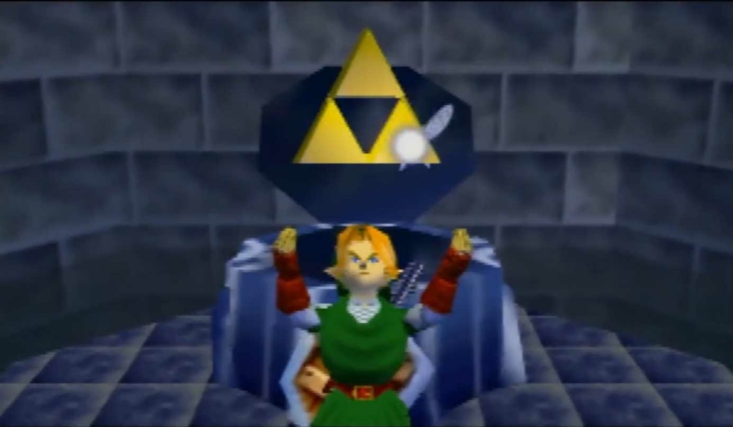 A screenshot from *The Legend of Zelda: Ocarina of Time* shows Link in the Temple of Time, wearing his green tunic and raising his hands. Behind him, the Triforce symbol glows on a dark pedestal, with Navi, his fairy companion, floating nearby. The scene has a mystical atmosphere with stone walls and a checkered floor.